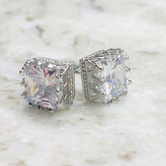 Square Crown Stud Earrings | Silver Tone | NEW - Picture 8 of 8